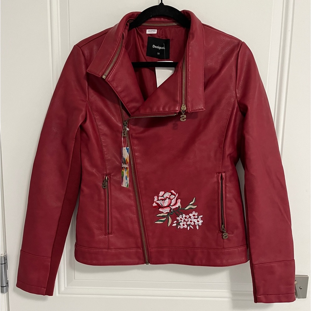 NWT - Desigual Women’s Embroidered Faux Leather Biker Jacket - EU 38 / US 4 / S